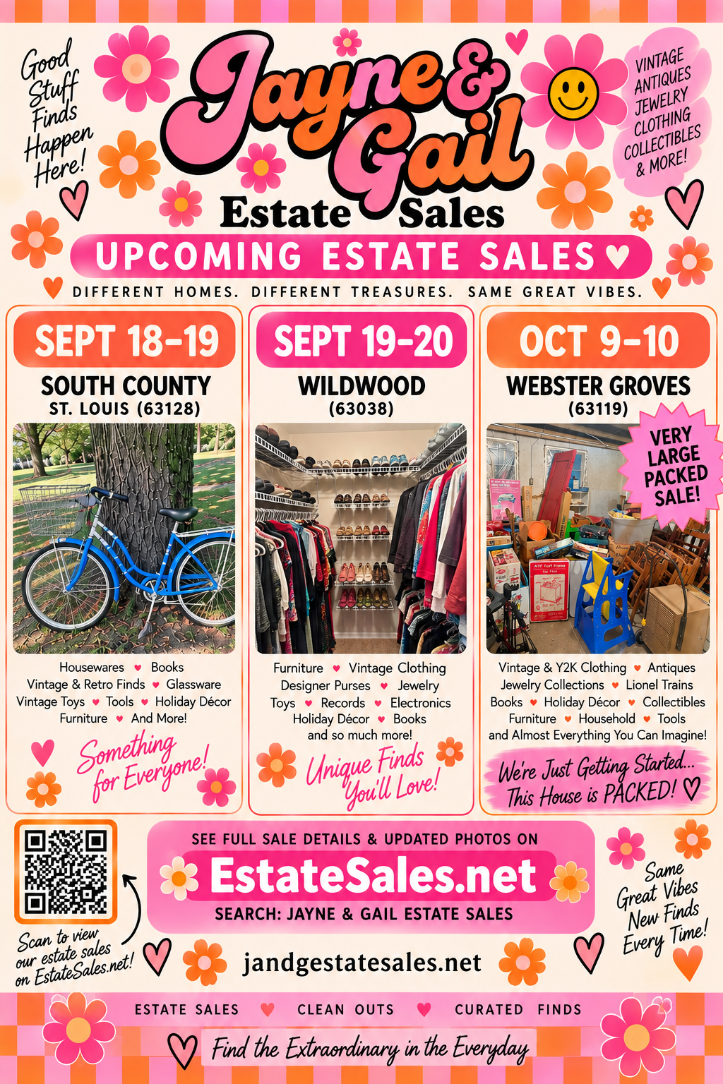 Upcoming estate sales flyer with dates and locations
